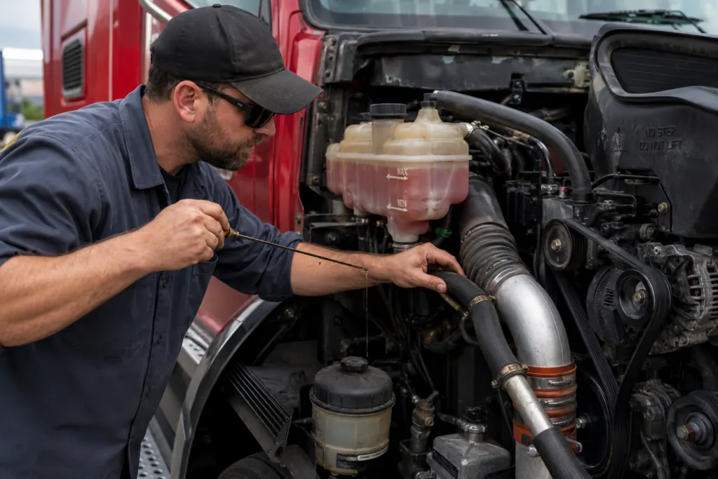 Close-up of a truck driver checking oil, coolant, belts, and hoses under the hood.