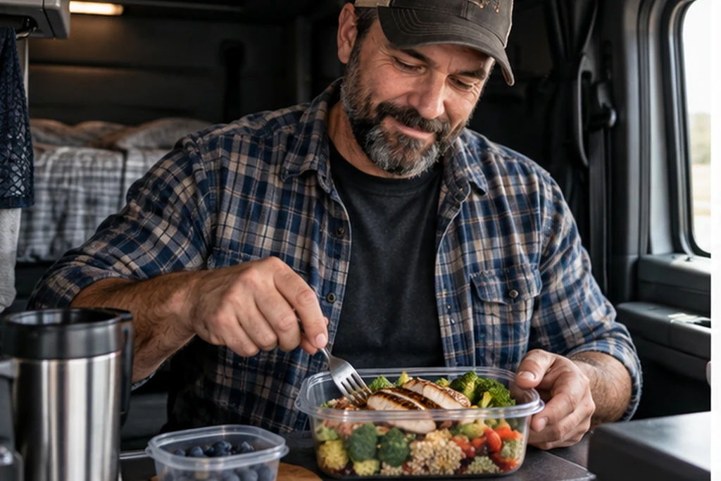 Long-haul truck driver preparing a balanced meal in a sleeper cab.