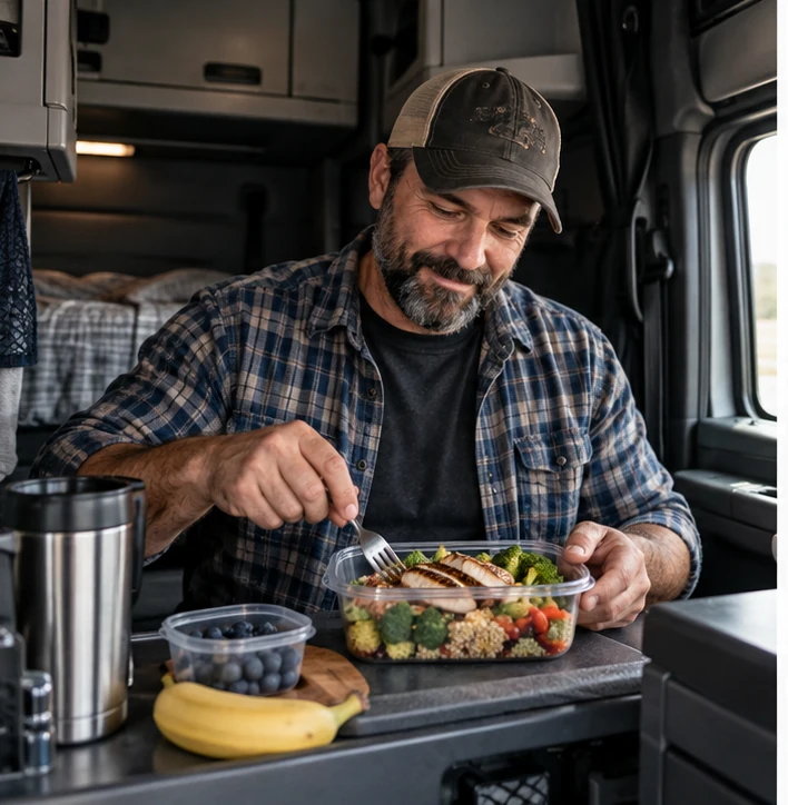 Long-haul truck driver preparing a balanced meal in a sleeper cab.