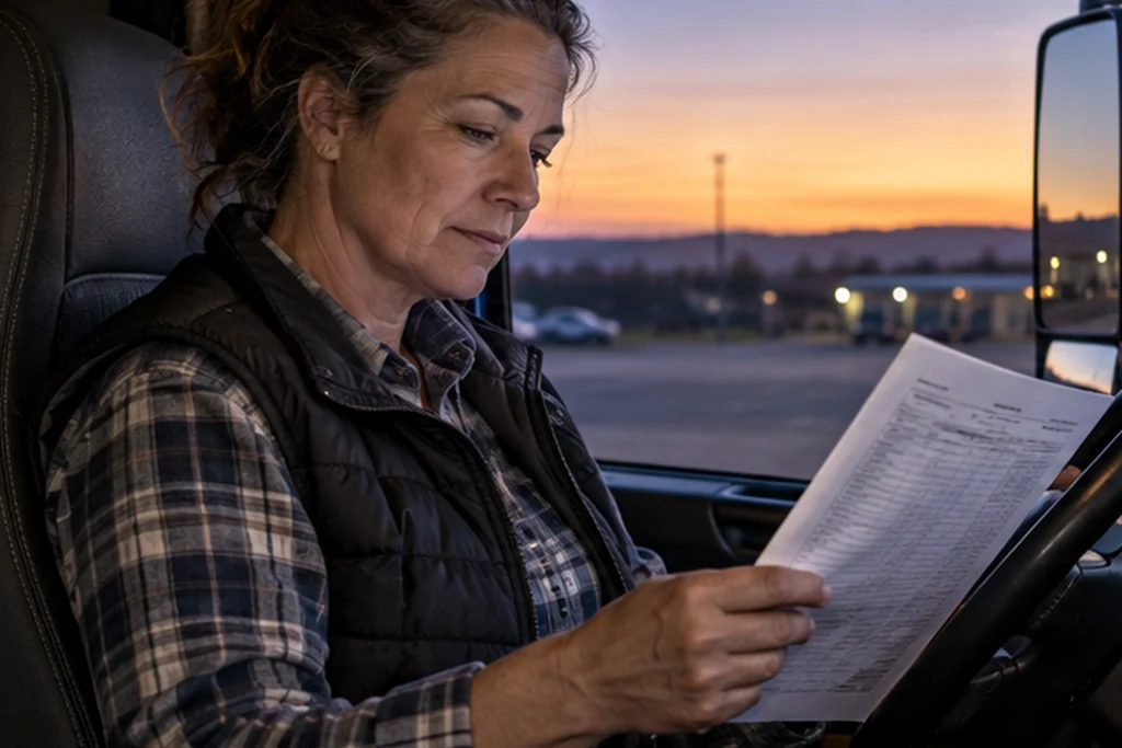 Truck driver reviewing a freight dispatch before a long-haul run.
